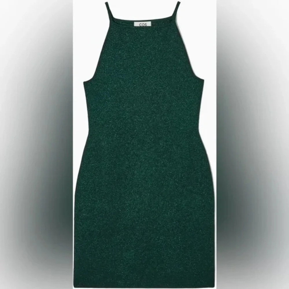 COS Knitted Bodycon Mini Dress Metallic Green Square Neck Elastic Sheath Dress - Picture 3 of 8